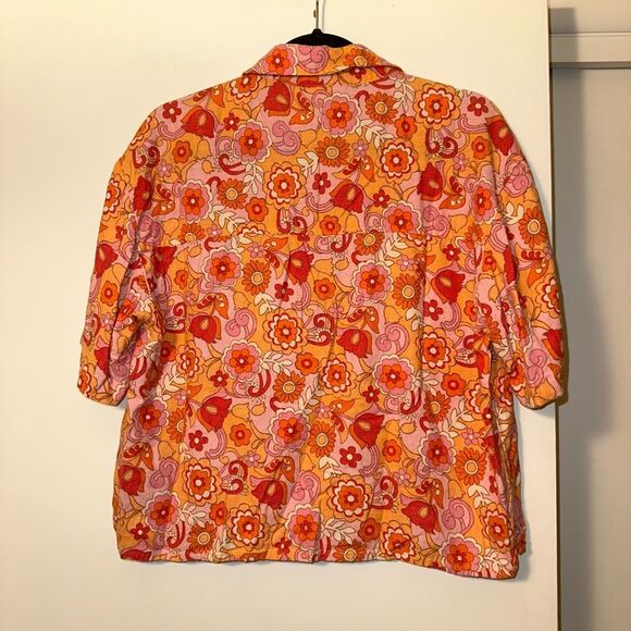 Social Tourist Groovy Retro Floral Pattern Pink Orange Collared Button Shirt Med - Picture 6 of 13